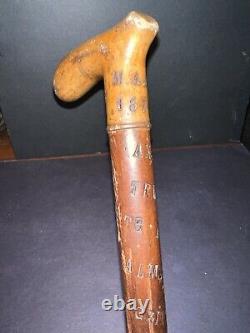 Antique Victorian Wooden Cane Walking Stick 1876 Switzerland Engraved Towns