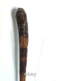 Antique Vintage Carved Wizard Face Wooden Walking Stick Cane