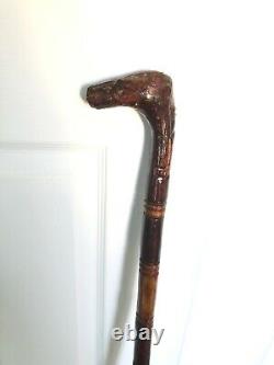Antique Vintage Carved Wizard Face Wooden Walking Stick Cane