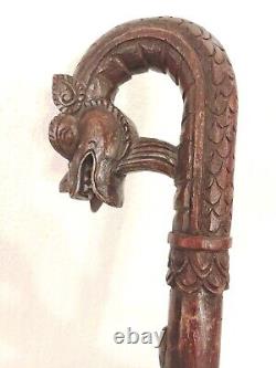 Antique Vtg Asian Hand Carved Dragon & Snake Wooden Walking Cane Stick Large
