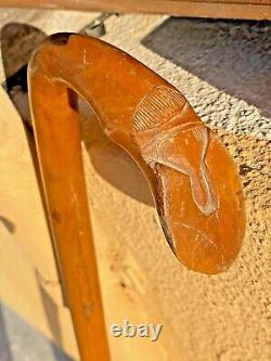 Antique Walking Cane Carved Maltese Olive Wood Wooden Goat's Leg Handle Stick