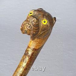 Antique Walking Stick Cane Dog Face Wooden Folk Art Eyes Glass Rare Old 19th