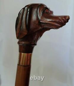 Antique Wood Wooden Hand Carved Dog Walking Stick Cane Folk Art