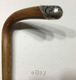 Antique Wooden Cane Walking Stick With Sterling Silver Niello Tip 35 Vintage