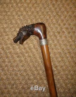 Antique Wooden Carved Dragon Top Walking Stick With Floral Silver Collar