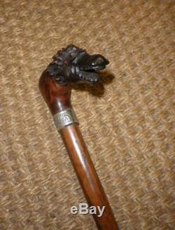 Antique Wooden Carved Dragon Top Walking Stick With Floral Silver Collar