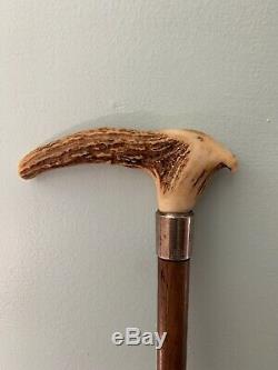 Antique Wooden Walking Stick/ Cane With Sterling Silver Band & Stag Bone Handle