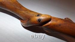 Antique Wooden Walking Stick Snake Handmade Hand Carved Glass Eyes Cane 36-1/2