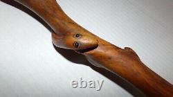 Antique Wooden Walking Stick Snake Handmade Hand Carved Glass Eyes Cane 36-1/2