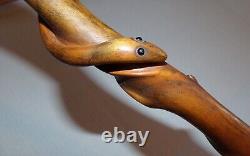 Antique Wooden Walking Stick Snake Handmade Hand Carved Glass Eyes Cane 36-1/2