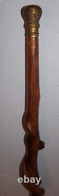 Antique Wooden Walking Stick Snake Handmade Hand Carved Glass Eyes Cane 36-1/2