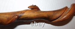 Antique Wooden Walking Stick Snake Handmade Hand Carved Glass Eyes Cane 36-1/2