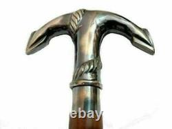 Antique brass anchor designed handle brown spiral wooden walking stick cane
