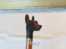 Antique carved wooden dog walking stick cane with glass eyes