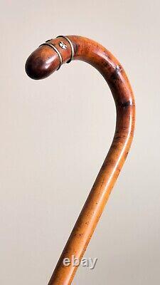 Antique clook handle Inlaid metal wire wooden walking stick