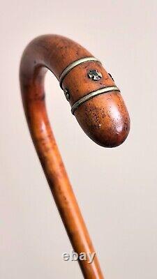 Antique clook handle Inlaid metal wire wooden walking stick