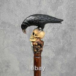 BLACK CROW & SKULL Cane Walking Stick Goth Style Wooden walking cane