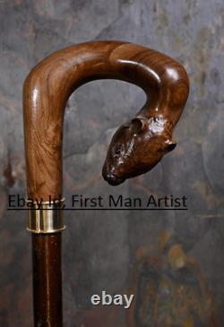Badger Head Handle Wooden Hand Carved Walking Stick Animal Walking Cane Gift A1