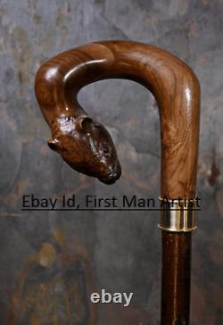 Badger Head Handle Wooden Hand Carved Walking Stick Animal Walking Cane Gift A1