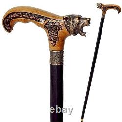 Bear Metal Walking Stick Bronze Cane Brass Light Wooden Handle Black Shaft men