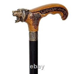 Bear Metal Walking Stick Bronze Cane Brass Light Wooden Handle Black Shaft men