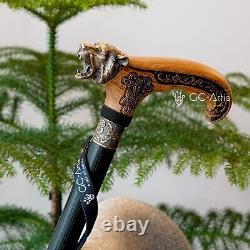 Bear Metal Walking Stick Bronze Cane Brass Light Wooden Handle Black Shaft men