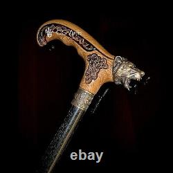 Bear Metal Walking Stick Bronze Cane Brass Light Wooden Handle Black Shaft men