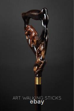 Bear & Ram Wooden Cane, Forest Song Walking Stick for Gift, Hand Carved Handmade