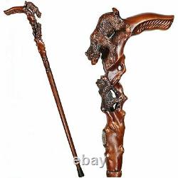 Bear Walking Stick Cane wood Hand carved handle Hiking Staff Unique wooden Art