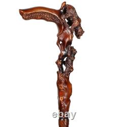 Bear Walking Stick Cane wood Hand carved handle Hiking Staff Unique wooden Art