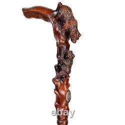 Bear Walking Stick Cane wood Hand carved handle Hiking Staff Unique wooden Art