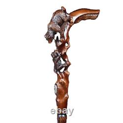 Bear Walking Stick Cane wood Hand carved handle Hiking Staff Unique wooden Art