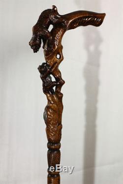 Bear Walking Stick Cane wood Hand carved handle Hiking Staff Unique wooden MZ08