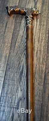 Bear Wooden Walking Stick Cane Hiking Staff Unique Handmade Bronze Oak Beech
