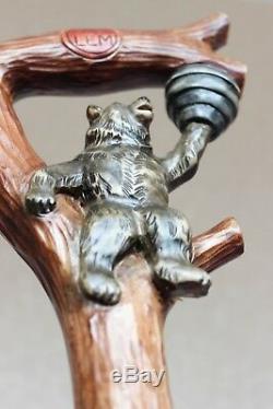Bear and Hive Honey Walking stick cane Handmade Wooden Carved stick Wood canes