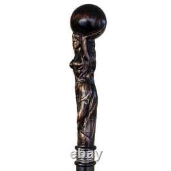 Beautiful Goddess Hand Carved Wooden Walking Stick Cane Handle Marquetry Designe