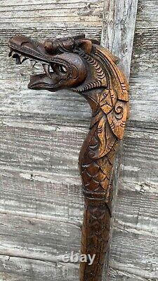 Beautiful Vintage Hand Carved Wooden Dragon Walking Stick (C3)