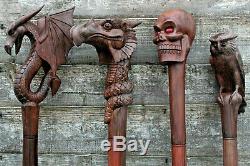 Big Bali Wooden Walking Stick Ceremonial Staff Owl Suar Wood Ornament