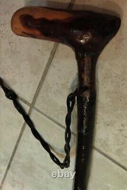 Black Wooden CANE L shape top walking stick 37 1/2 sturdy with leather strap