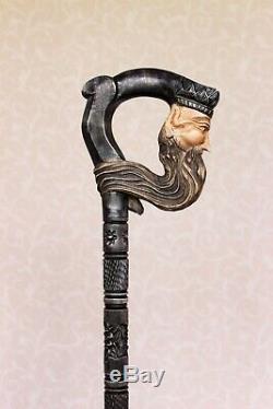 Black wooden cane Dark King Carved handle Hand carved Walking stick cane
