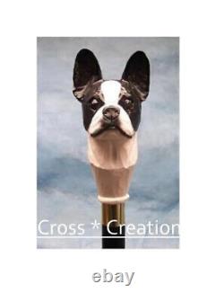 Boston Dog Terrier Head Handle Carved Walking Wooden Stick Cane Gift designer