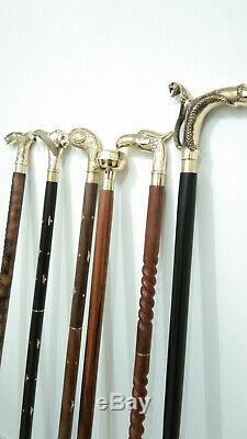 Brass Handle Lot Of 6 Pieces Designer Head walking Stick leather wooden Cane