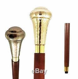 Brass KNOB Handle Nautical Brown Wooden Walking Stick Cane Golden Finish Gift