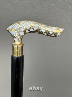 Brass Stone Inlay Scrolling Vine Handle Walking Stick Cane Wooden Artisan 36