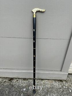 Brass Stone Inlay Scrolling Vine Handle Walking Stick Cane Wooden Artisan 36