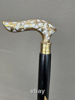 Brass Stone Inlay Scrolling Vine Handle Walking Stick Cane Wooden Artisan 36