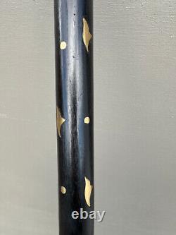 Brass Stone Inlay Scrolling Vine Handle Walking Stick Cane Wooden Artisan 36