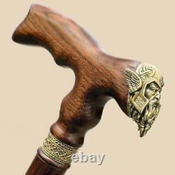 Brass Viking Wood Cane Walking Stick for Men Fancy Carved Wooden Canes Thor