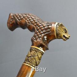 Bronze Dark Bear Cane Handmade Walking Stick Wooden Unique Men's Accessories Oak