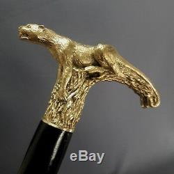 Bronze Panther Walking Stick Cane Wooden Handmade Jewelry Casting Handle